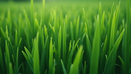 Lush Green Grass Blades, High-Resolution Cinematic Close-up of Vibrant Field, 45-Degree Angle, Ultra-Realistic Detail
