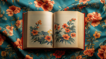 Open book with floral illustrations rests on a teal fabric with a similar floral print. The soft light creates a calm, serene mood.