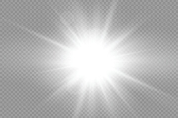 white bright star, glowing light burst, sun rays, flare of sunlight with glare, bokeh