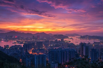Fototapeta premium A vibrant sunset over a cityscape with mountains and water.