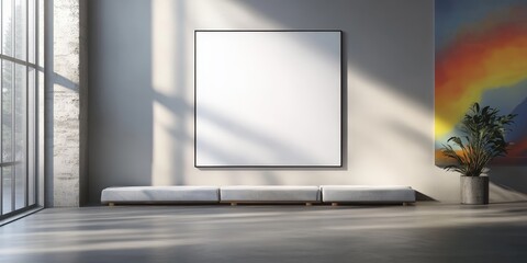 Fototapeta premium Minimalist space featuring a large blank white poster on an empty wall, illuminated by natural light from expansive windows with a colorful artwork nearby