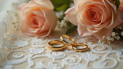 Elegant Gold Wedding Rings with Peach Roses on Lace, High-Resolution Wedding Photography for Magazines and Commercial Use