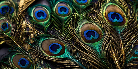 A bold and colorful peacock feather pattern in shades of blue, green, and gold on a plain background, showcasing elegance and vibrancy.
