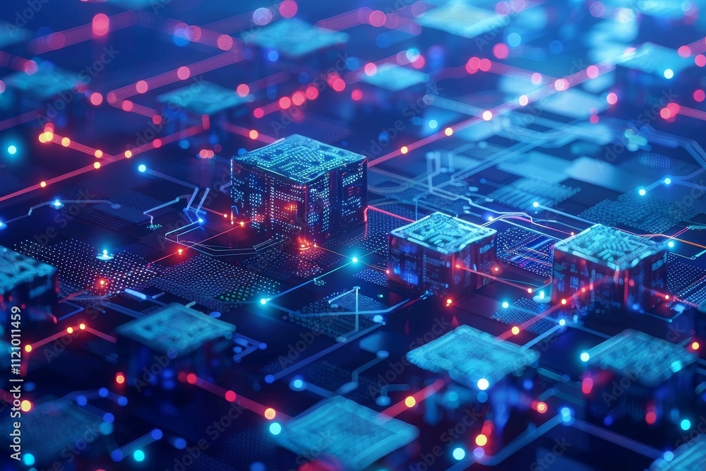 Poster an abstract visualization of blockchain technology's future, highlighting decentralized networks and