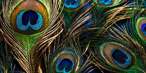Naklejka premium A bold and colorful peacock feather pattern in shades of blue, green, and gold on a plain background, showcasing elegance and vibrancy.