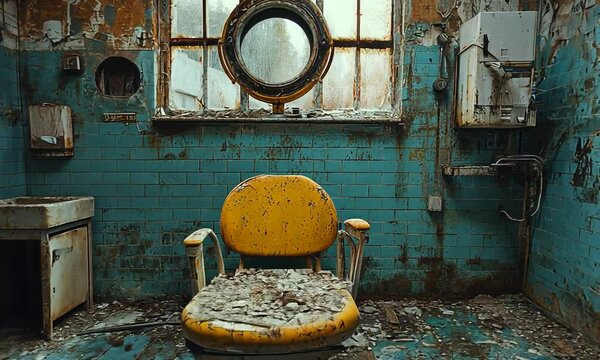 Abandoned barber shop with a vintage chair and peeling walls.