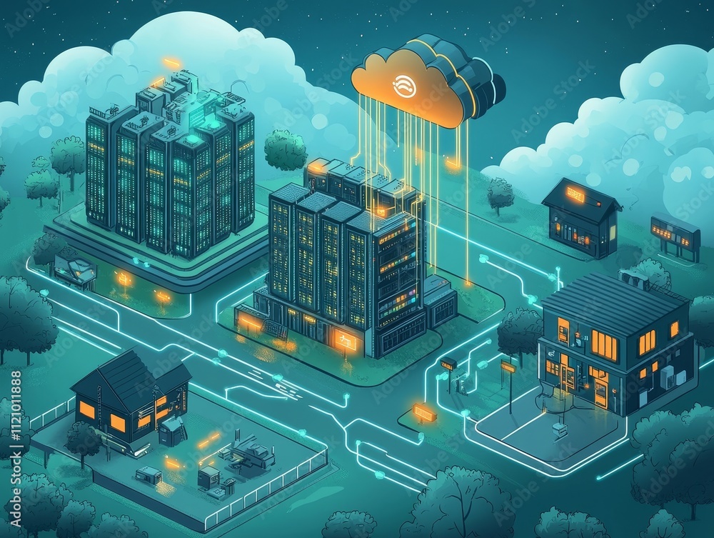 Poster illuminated cityscape under a starry night showcasing futuristic buildings and cloud technology with