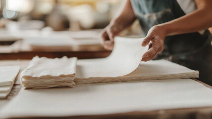 Obraz premium Traditional paper production techniques showcase meticulous process of crafting paper by hand. image captures skilled artisan folding sheets of handmade paper, emphasizing craftsmanship and