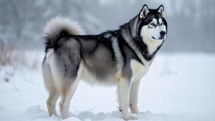 Fototapeta premium Majestic Alaskan Malamute in Snowy Landscape, Black and White Fur, Blue Eyes, Fluffy Tail, Full Body Side View