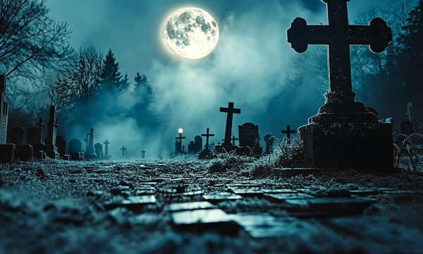 Eerie graveyard scene under a full moon with mist and shadows.