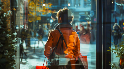 Obraz premium Woman with shopping bags looking into a shop window.