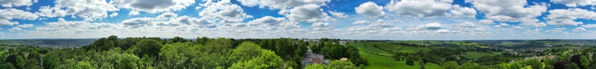 High Angle Panoramic View of Historical Bath City of England United Kingdom During Partially Cloudy Day of May 27th, 2024, Aerial Footage Was Captured with Drone's Camera During Bright Sunny Day 