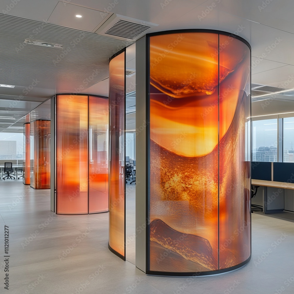 Poster modern office space featuring striking illuminated partitions with vibrant colors that enhance creat