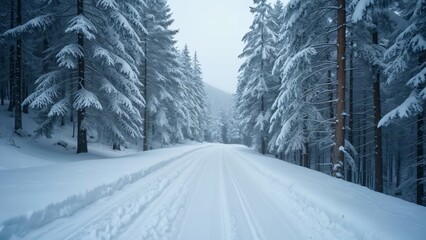 Obraz premium Snowy Forest Road, Winter Wonderland Scene - 