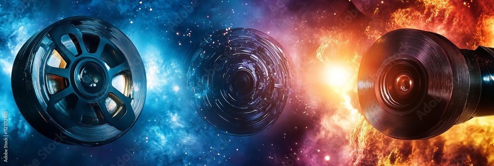 Poster exploring the cosmic journey of wheels gliding through a vibrant galaxy filled with colorful cosmic 