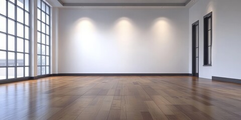 Obraz premium Spacious interior scene showcasing a large white wall complemented by a beautiful wooden floor and natural light flooding through large windows