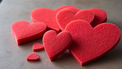 Obraz premium Romantic Red Heart Sponges and Fabric Hearts, Valentine's Day Decoration, Love Concept Photography