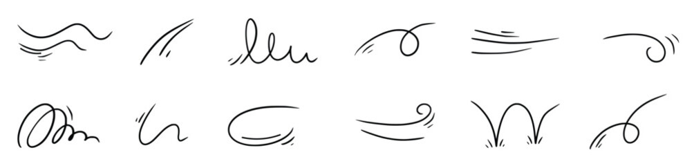 wind doodle line shape set air wind flow spiral curve hand drawn doodle element cartoon speed wave.