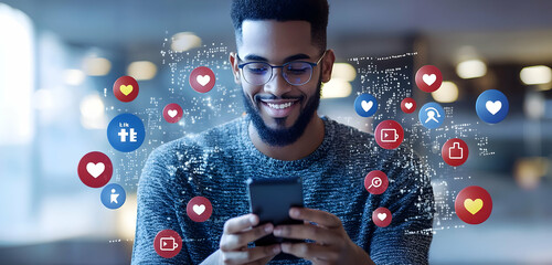Digital icons of likes, shares, and engagement appear as a man uses his smartphone, connecting online.