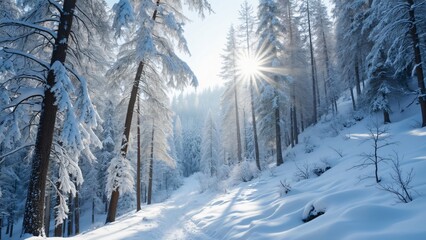 Majestic Winter Wonderland, Sunlit Snow Covered Forest Path