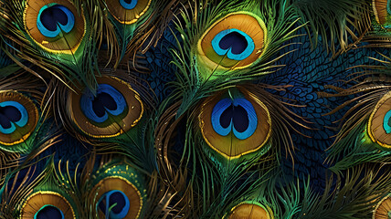A bold and colorful peacock feather pattern in shades of blue, green, and gold on a plain background, showcasing elegance and vibrancy.