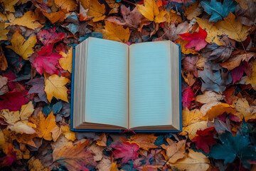 Open book with blank pages laying on colorful autumn leaves. Perfect for a fall-themed design or inspirational quote.