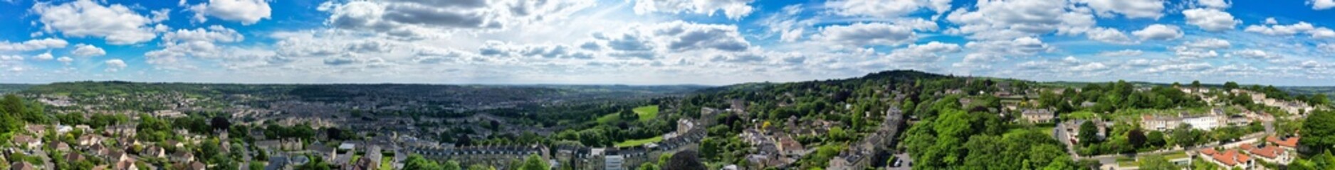 High Angle Panoramic View of Historical Bath City of England United Kingdom During Partially Cloudy Day of May 27th, 2024, Aerial Footage Was Captured with Drone's Camera During Bright Sunny Day 