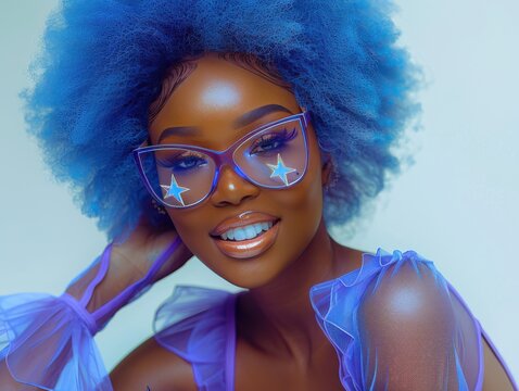 A woman with blue hair and blue glasses is smiling