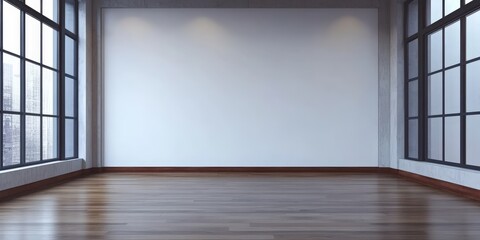 Contemporary Interior of a Large Empty Room Featuring White Wall, Dark Wood Trim, and Expansive Windows for Architectural and Design Use