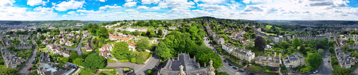 High Angle Panoramic View of Historical Bath City of England United Kingdom During Partially Cloudy Day of May 27th, 2024, Aerial Footage Was Captured with Drone's Camera During Bright Sunny Day 