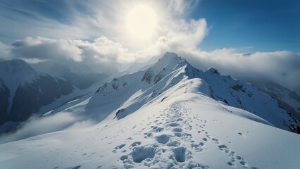 Stunning Winter Scene, Kitzbühel Mountain Panorama, Snow-Covered Peaks, Footprints in the Snow, Sun Rays Through Clouds, Wide Angle View