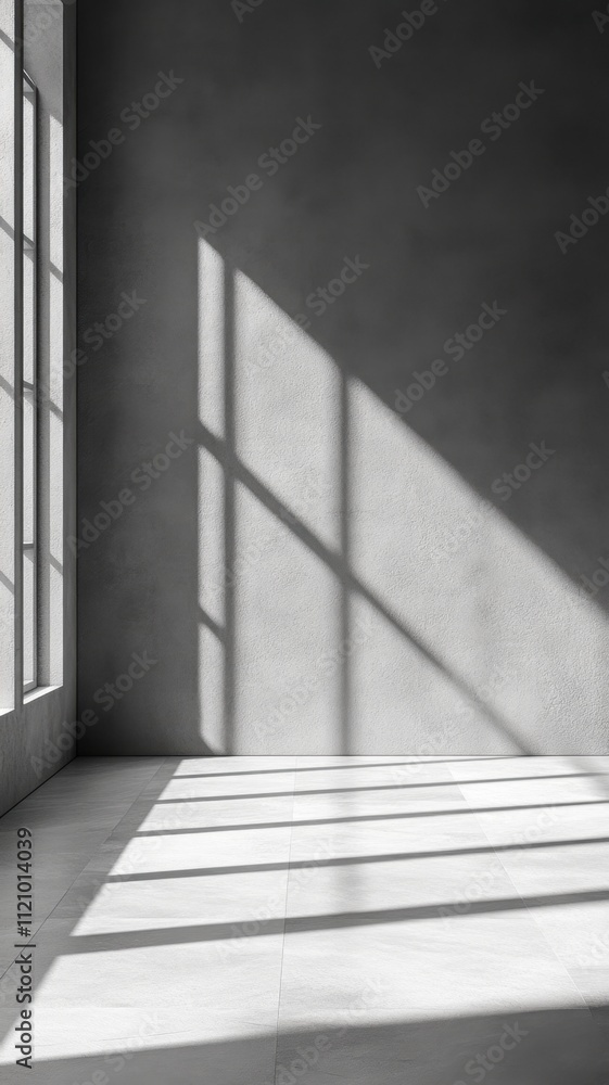 Poster light abstract streaming through a window, creating shadows in an empty industrial space with concre