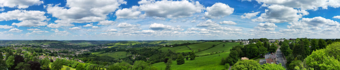 High Angle Panoramic View of Historical Bath City of England United Kingdom During Partially Cloudy Day of May 27th, 2024, Aerial Footage Was Captured with Drone's Camera During Bright Sunny Day 