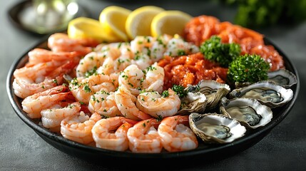 Fresh seafood platter with shrimp, oysters, salmon, lemon, and parsley.