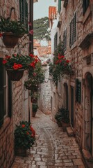 Fototapeta premium Charming European Alleyway with Colorful Flowers