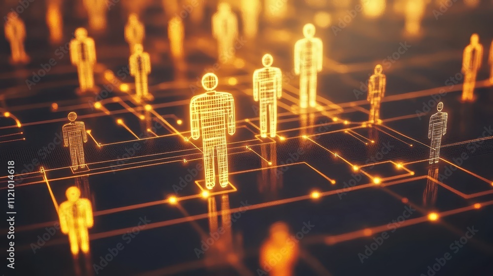 Poster people navigating futuristic digital grid, exploring the intersection of technology and innovation