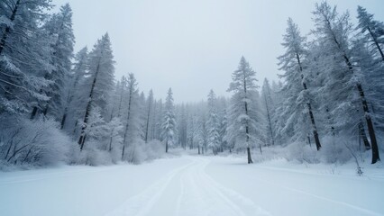 Serene Winter Wonderland, Snow-Covered Pine Forest Path, Distant View, Rippled Snowscape, Landscape Painting Aesthetic
