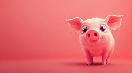 Adorable pink piglet baby with big eye on pink background