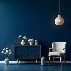 A modern living room with a navy blue accent wall, a white armchair, a wooden dresser with drawers, and a hanging light fixture with a white shade