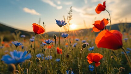 Obraz premium Vibrant Sunset Wildflower Meadow, Poppies and Cornflowers