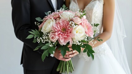 Close-up of Groom and Bride Holding a Stunning Bouquet of Pink and White Flowers - Wedding Photography