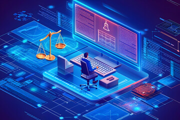 Online legal consultation with a digital interface where a virtual lawyer provides legal guidance on labor laws to clients remotely.