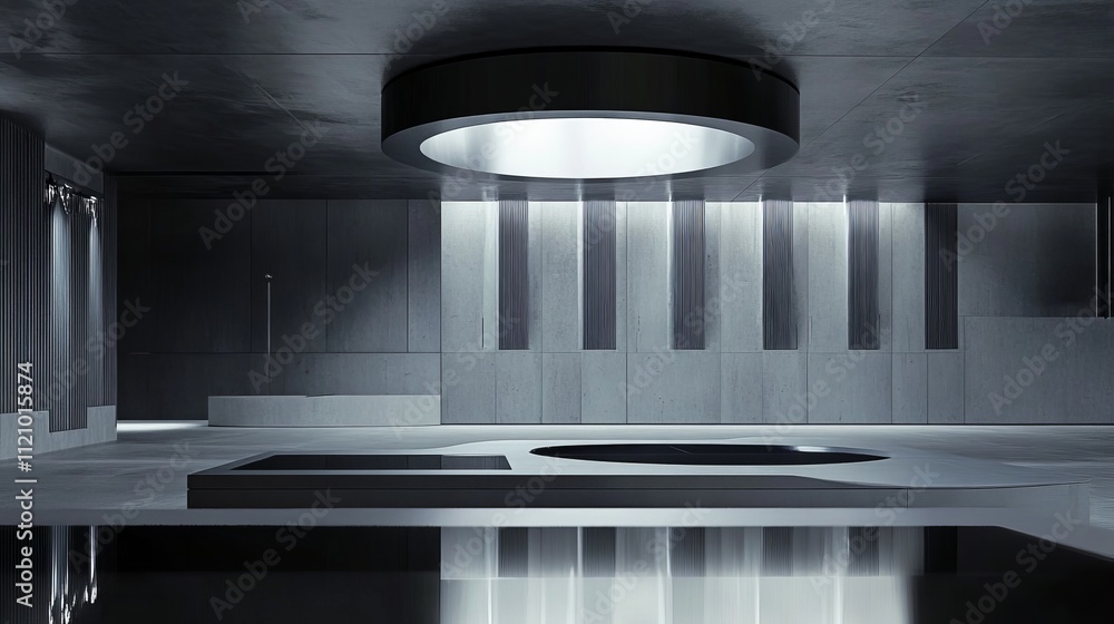 Aufkleber futuristic architectural design featuring sleek lines and minimalistic aesthetics in a dimly lit mod