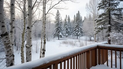 Alaskan Winter Wonderland, Backyard Birch Forest View from Wooden Deck
