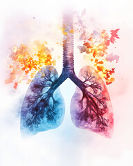 Artistic representation of human lungs with a colorful, abstract background.