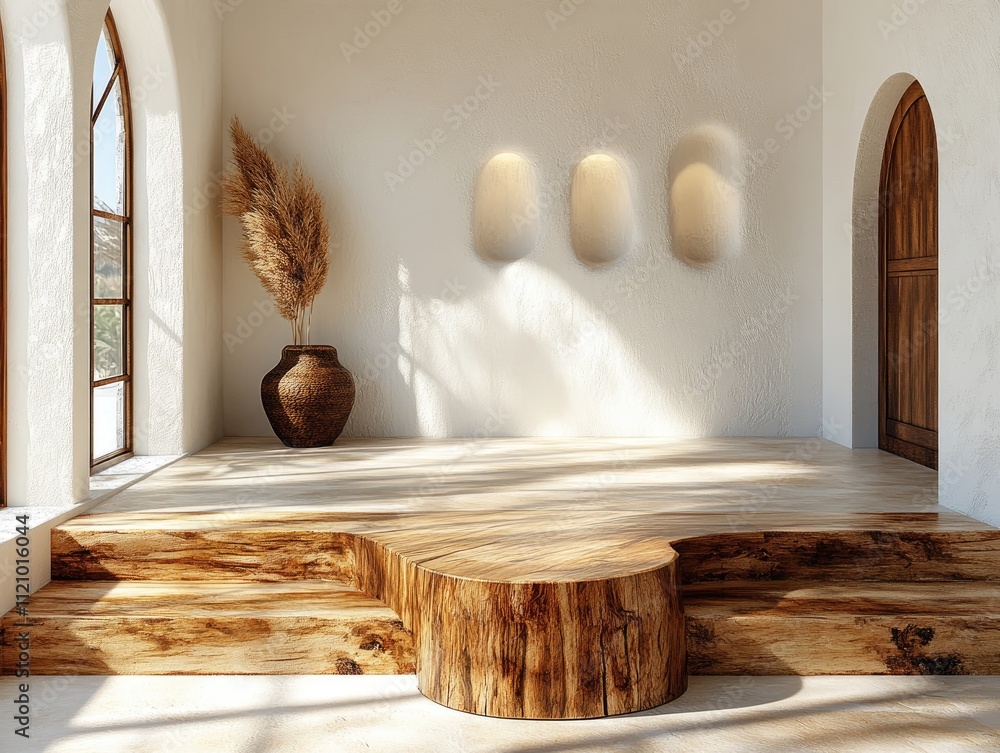 Poster wooden platform steps with a tree stump. ideal for showcasing products or creating a minimalist, nat