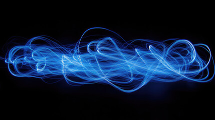 Bright blue light streaks glowing against a deep black background, arranged in horizontal lines with a high-speed motion blur effect 