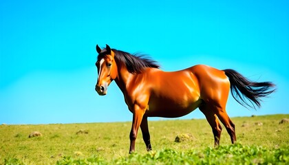 Obraz premium Majestic Horse Standing on a Green Field Under Clear Blue Sky