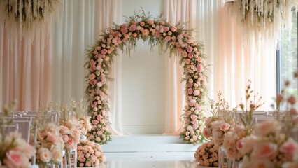 Elegant Pastel Wedding Ceremony Arch with Cascading Floral Arrangements and Tulle, Romantic & Sophisticated Wedding Decor