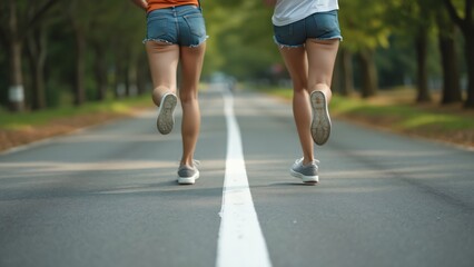 Two Women Jogging on Park Road, Blurred Background, High-Resolution Photo